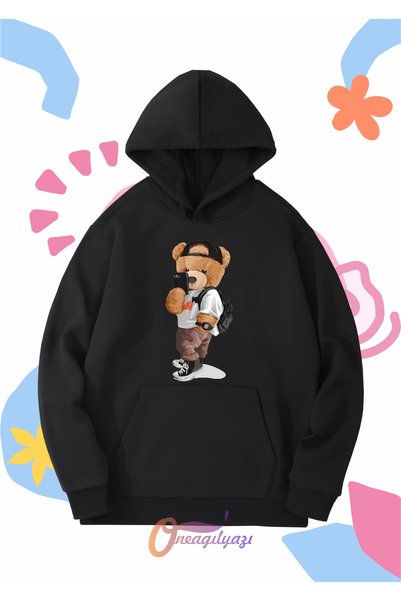 oneagılyazı Children's Unisex Bear Selfie Printed Oversize Hooded Sweatshirt