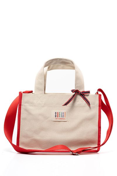 Sofist İstanbul Red & Ecru Canvas Balat Tote Bag Adjustable Strap Women's Hand and Shoulder Bag