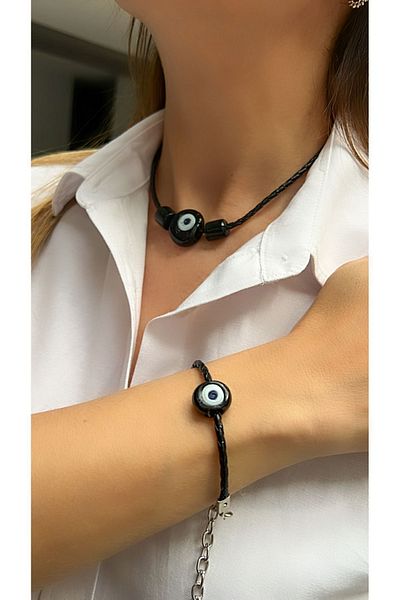 Kutcha Accessories Karagöz Basement Bead Necklace Bracelet Set,Black Genuine Leather Necklace Bracelet Set,Nazar Necklace Bracelet