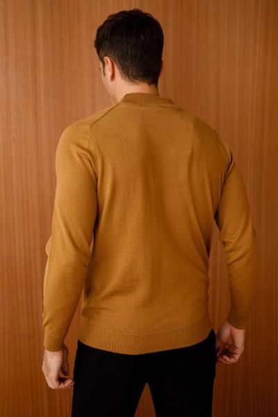 LEON ONE Men's Mustard Colored Half Turtleneck Non-Pilling Knitwear Sweater - Regular Fit