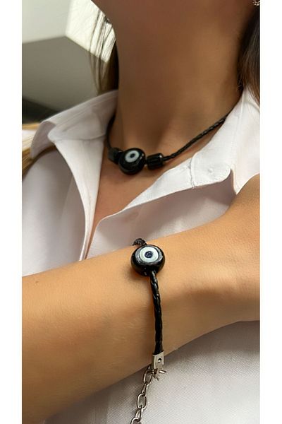 Kutcha Accessories Karagöz Basement Bead Necklace Bracelet Set,Black Genuine Leather Necklace Bracelet Set,Nazar Necklace Bracelet