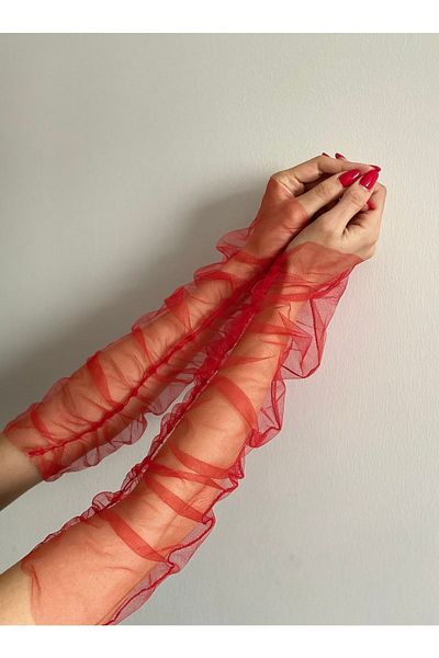quella atelier Red Bridal Henna Gloves Tulle Fingerless Gloves