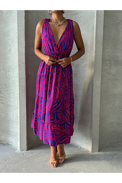 BEJNA Fuchsiafarbenes Damenkleid – Wickelkragen, ärmellos und gewebt