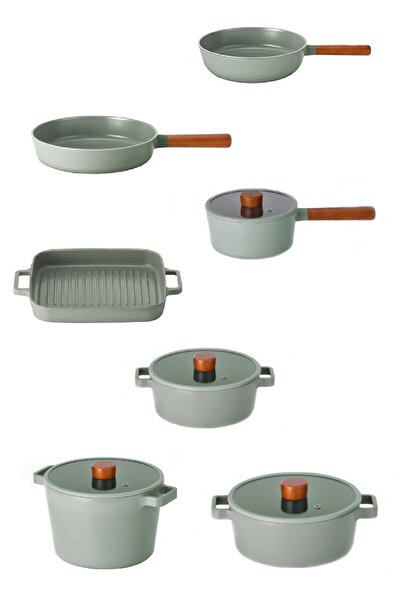 NEOFLAM Fika Alüminyum Döküm Gri 11 Parça Cam Kapaklı Tencere Tava Seti D