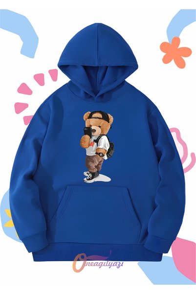 oneagılyazı Children's Unisex Bear Selfie Printed Oversize Hooded Sweatshirt