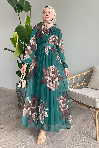 InStyle Rochie din șifon verde petrol - model cu flori colorate