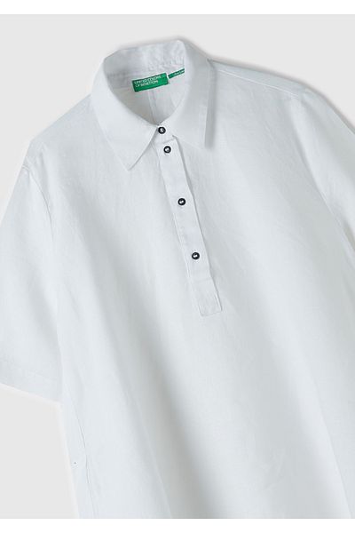United Colors of Benetton White Linen - 100% Linen Buttoned, Shirt Collar Light Dress