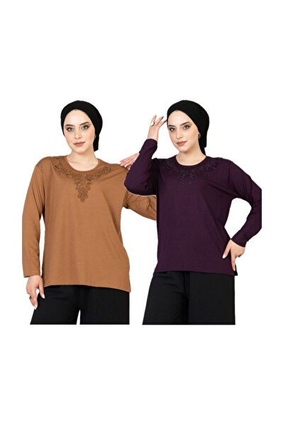 nacar çarşı Bluză din bumbac pieptănat pentru mamă - Set de 2 cu mâneci lungi...