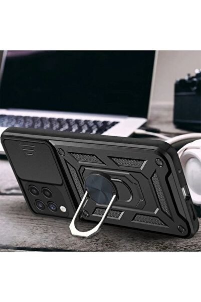 Fibaks Samsung Galaxy A22 - M22 - M32 Uyumlu Kılıf Kamera Korumalı Sürgülü Yüzüklü Armor Military Tank