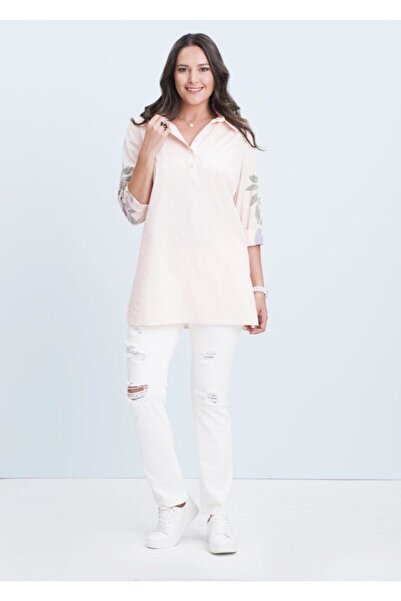 Even Plus Size - Büyük Beden Kadın Giyim Pembe Eskitme Çiçek Baskılı Büyük Be...