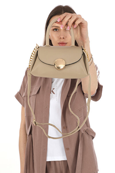womenacs New Season Women's Bag - Tan Color, Leather and Gold Chain Strap, Magnetic Closure, Small Size