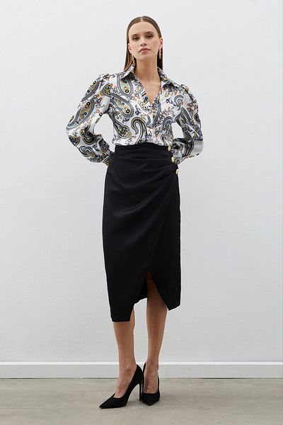 Sateen Black Satin Crepe Skirt - With Button Accessory