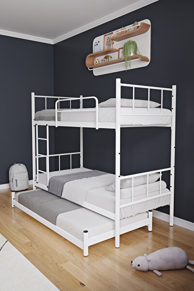 FANO Tekno Yavrulu Ranza 90x200 Yatak Uyumlu 3 Kişilik Beyaz Metal Ranza Karyola