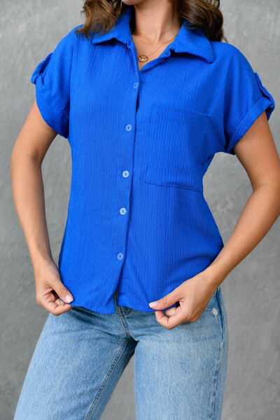 bayansepeti Cămașă Saks Blue Gofre, cu mânecă scurtă, cu design de buzunar, 9628