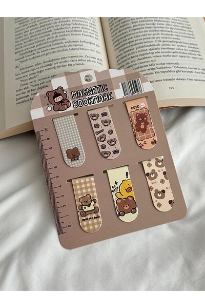 Planet Butik Kawaii Teddy Binerary - Stylish Magnetic Ruler with Son Teddy Bear Paperclip Bookmark Set of 6 Gift