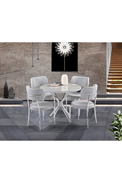 Mobilya Dükkanım Ceyda Gri Mermer Yuvarlak Masa & Atlas Krom Sandalye Takımı ...