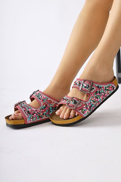 Limoya Semka White Double Banded Women's Slippers with Colorful Stone Accessories