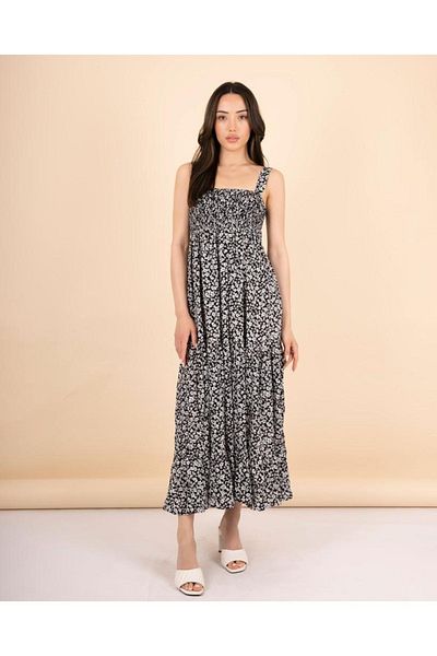hot fashions فستان نسائي طويل مريح باللون الأسود مزين بالزهور