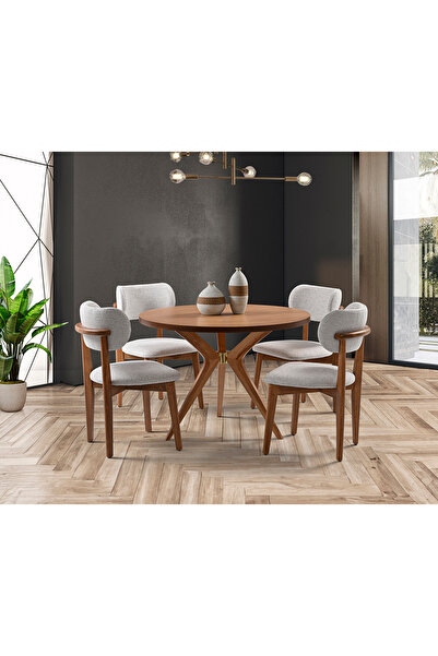 Mobilya Dükkanım Begüm Nature Yuvarlak Masa & Atlas Ceviz Sandalye Takımı HDR...