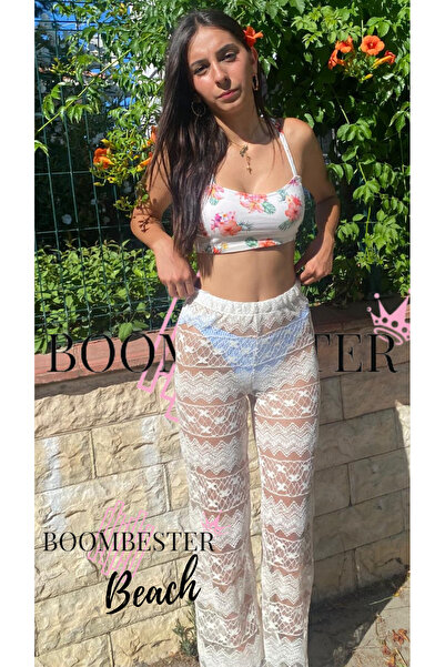 BoomBester Διάφανο γυναικείο παντελόνι παραλίας με λευκή δαντέλα Floral