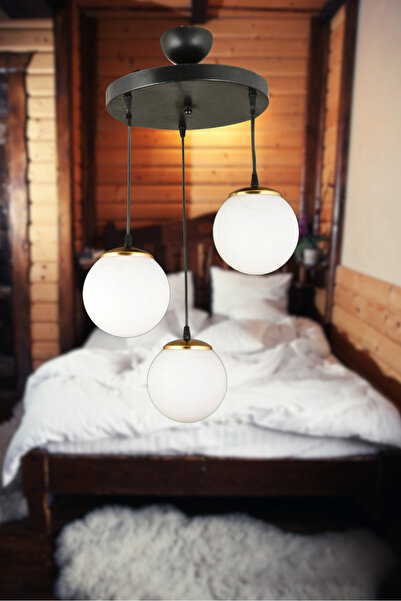 KARDELEN AYDINLATMA AVİZE Kardelen Sarkıt Tepsi Siyah 3'lü Beyaz Glop Camlı D...