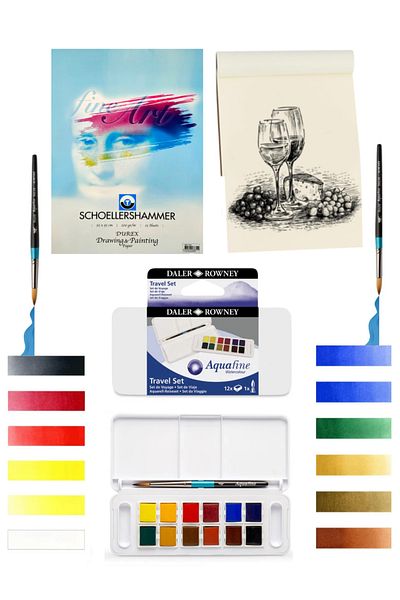GLANCE Schoellershammer Rowney Aquafine Travel Set - 25x35cm, 15 Sheets, 200g Daler, 12 Colors Water Color Set