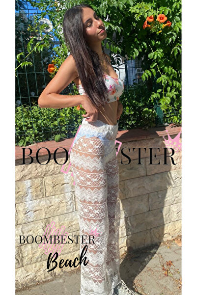 BoomBester Διάφανο γυναικείο παντελόνι παραλίας με λευκή δαντέλα Floral