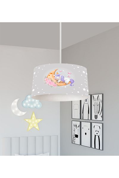 BAMBAŞKA MODA Baby and Children's Room Moon Hugging Unicorn Patterned Gray Chandelier