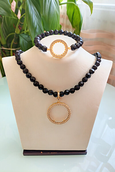 TwinsCollection Tamlı Altın Uyumlu 8mm Kristal Boncuk Kolye Bileklik Seti - Çeyrekli Kolye Bileklik Seti