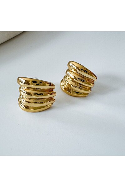 Ervalina Çizgili Oval Küpe Altın Rengi