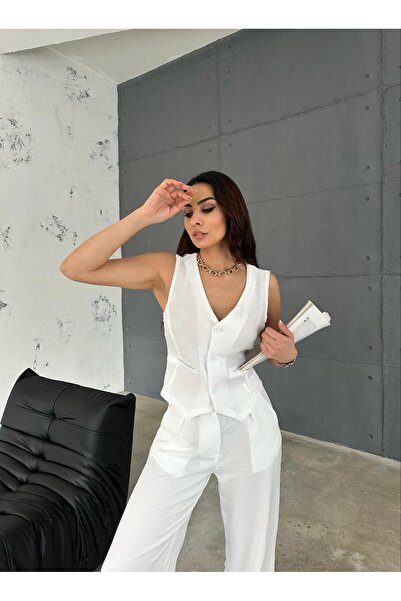 Zeo Basic White Colored Linen Set -BasicVest and Wide Leg Trousers