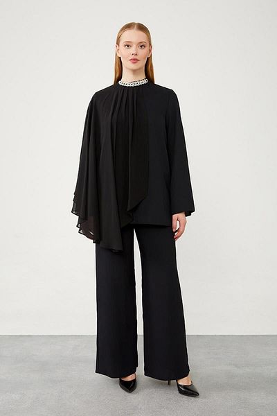 Levidor Chiffon Tulle Black Necklace Trousers Set