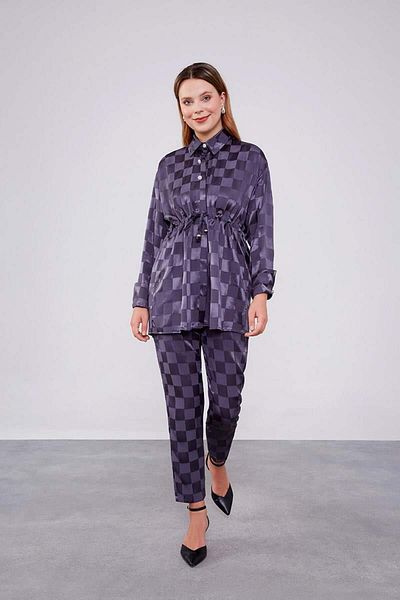 Levidor Jacquard Anthracite Checkerboard Patterned Double Set