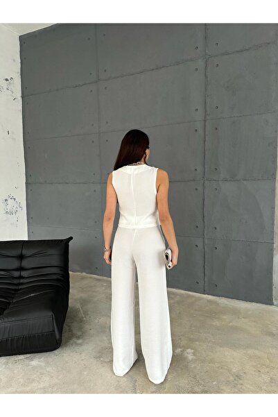 Zeo Basic White Colored Linen Set -BasicVest and Wide Leg Trousers