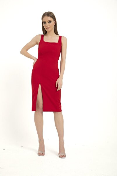 SHUBBAGS فستان أحمر متوسط الطول - كم صفر، ياقة مربعة، ثنيات محبوكة