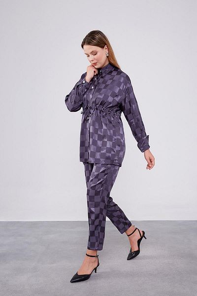 Levidor Jacquard Anthracite Checkerboard Patterned Double Set