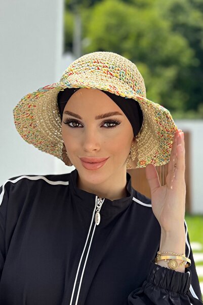 Remsa Mayo Pălărie din paie tricotată manual cu detalii de culoare RŞ-86 Bej