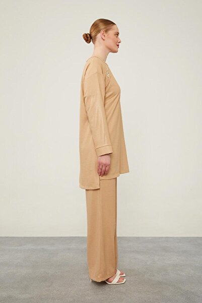 Levidor K.Beige Stone Embroidered Wide Trousers Tunic Suit