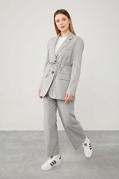 Levidor Gray Striped Waist Tied Trousers Set