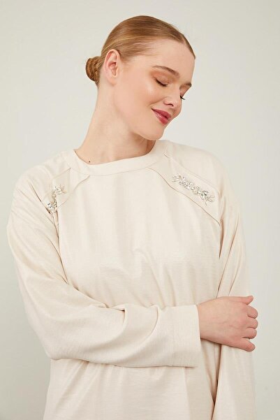 Levidor A.Beige Stone Embroidered Front Tunic Suit with Wide Trousers