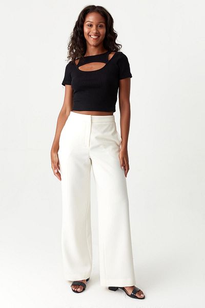 Select Moda Women's Ecru Elastic Waist Wide Leg Fabric Trousers