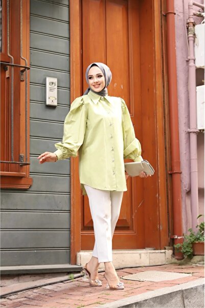 Tesettür Diyarı Oil Green Hijab Clothing - Jewelled Buttoned Poplin Cotton Shirt with Pointed Collar and Balloon Sleeve Detail