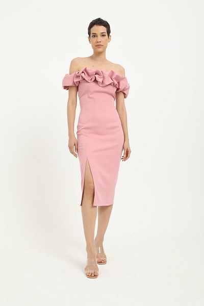 Stilsi Ροζ Midi Φόρεμα - Off Shoulder, Λεπτομέρεια Ruffle, Υφαντό ύφασμα