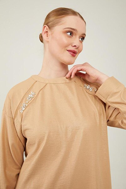 Levidor K.Beige Stone Embroidered Wide Trousers Tunic Suit