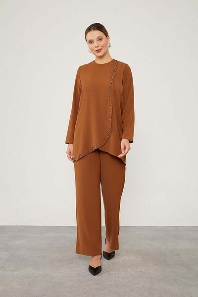 Levidor Pearl Embroidered Brown Chiffon Set - Set of Two