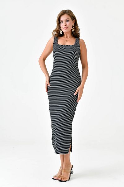 lovebox Women's Stretchy Cotton Fabric U-Neck Thick Strap Striped Pattern Midi Black Dress 12224