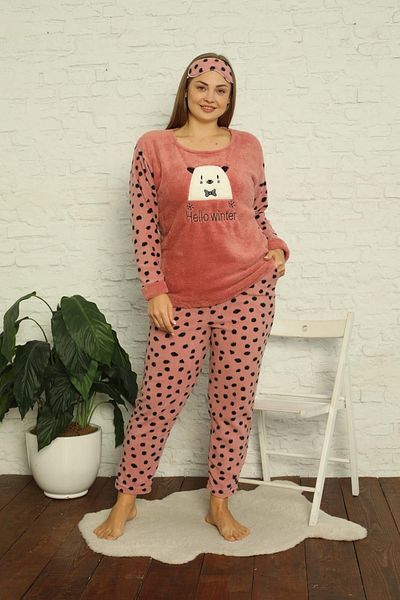 Akasya Women's Pocket Polka Dot Plus Size Fleece Pajama Set 2141