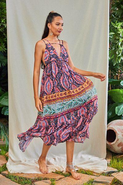 GIA - ART Navy Blue Long Chiffon DreSS - Ethnic Pattern, Back Detail and Lined