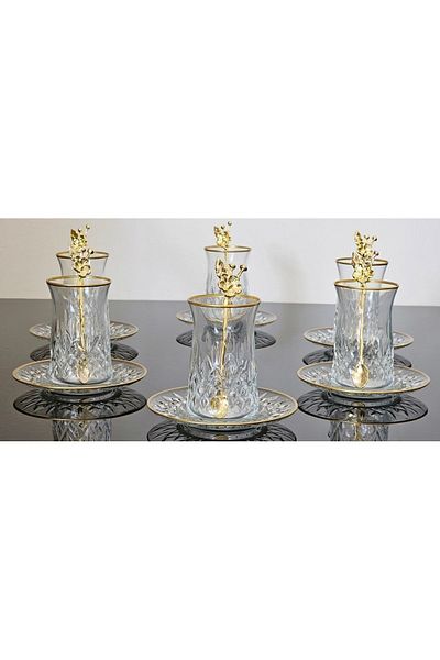 atabey home collection طقم شاي أودين 18 قطعة مع ملعقة شاي وردي ياباني وطبق زجاجي بتفاصيل ذهبية