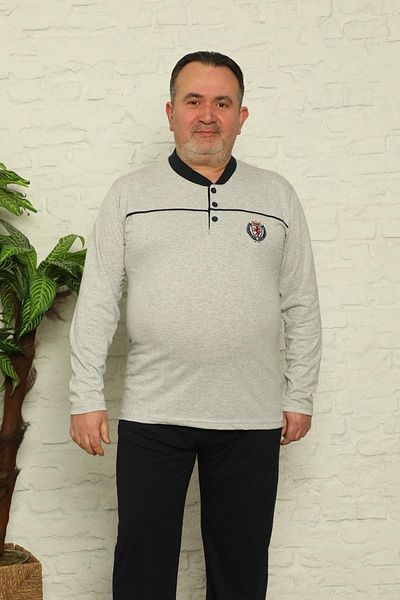 Akasya Σετ ανδρικές πιτζάμες μονό ζέρσεϊ Battal Size - Μακρύ μανίκι με τσέπες και κουμπιά πέτο 01741